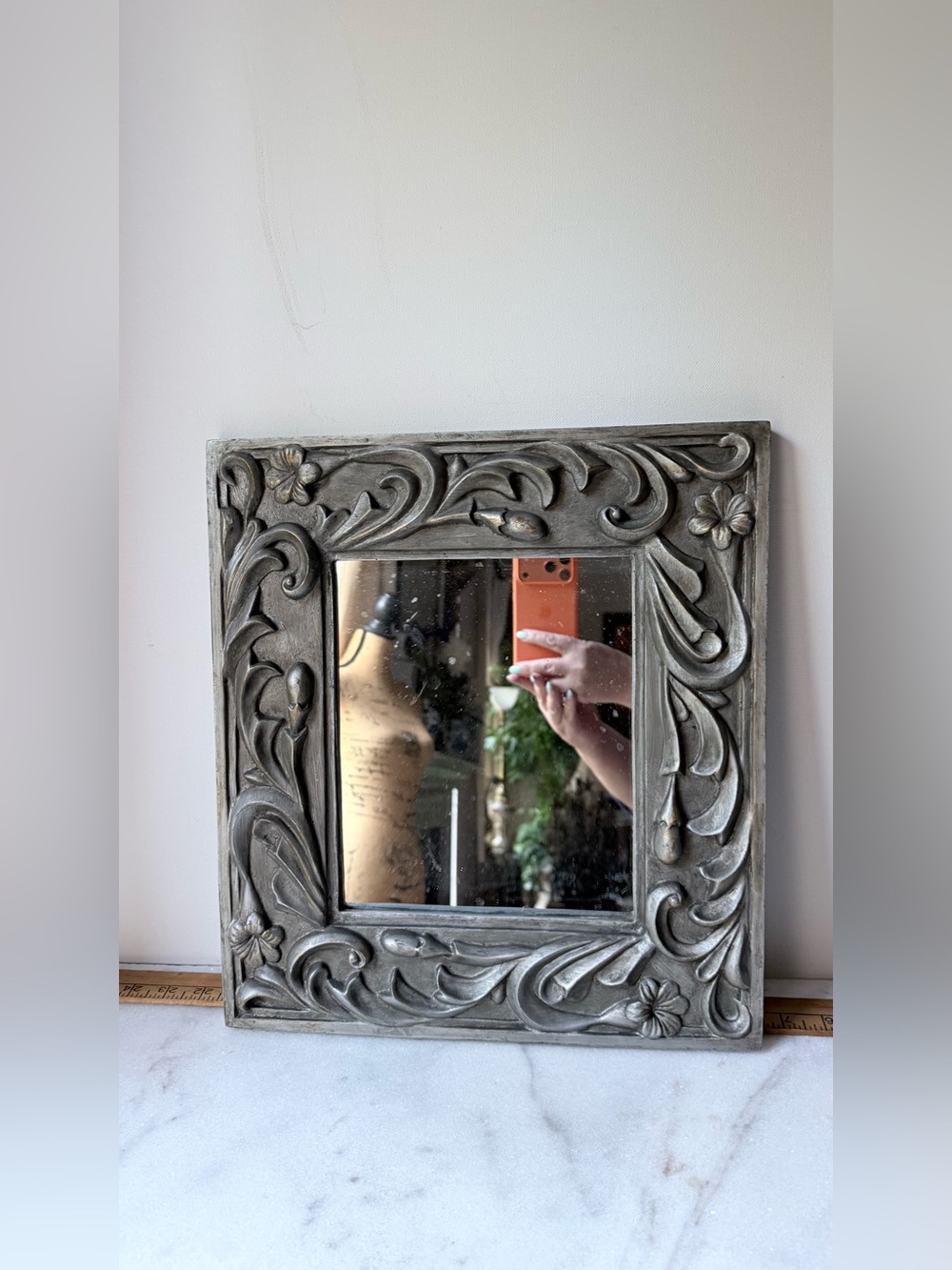 Decorative Floral Carved Square Wall Mirror - silver Gray - Picture 2 of 10